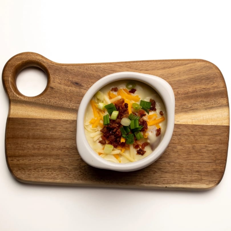 Creamy potato soup topped with shredded cheese, bacon bits, and green onions on a wooden board.