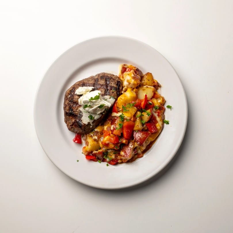 Grilled steak topped with white cheese and parsley, served with roasted potatoes and red peppers.